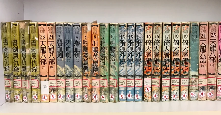 圖書館書架上一整排金庸作品集,書背從《書劍恩仇錄》一路排到《天龍八部》,書衣都已經磨損泛黃。