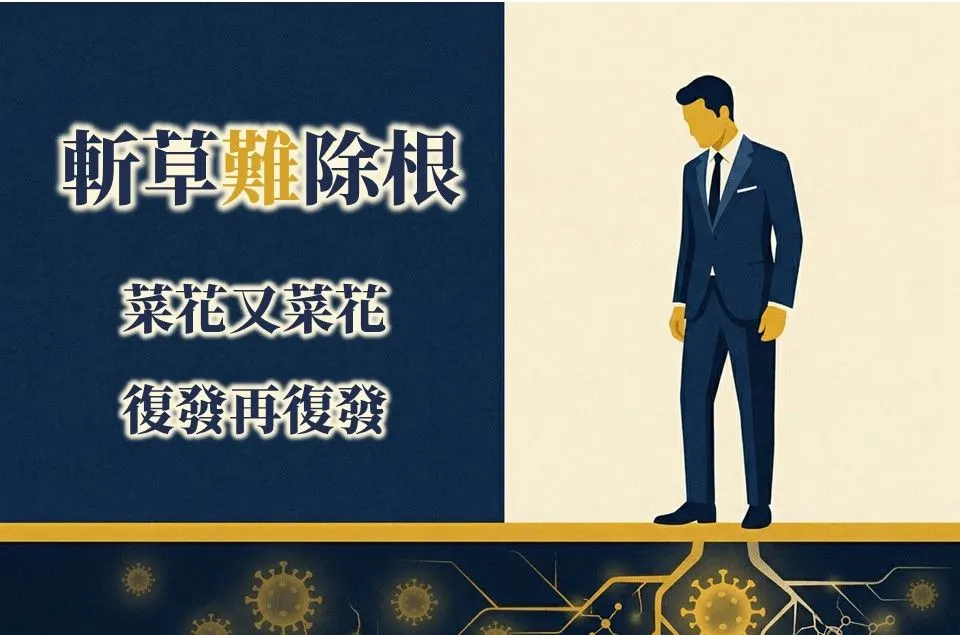 復發主題圖。西裝男子低頭站立，地面下方是金色的病毒與線路網絡，標題為「斬草難除根 — 菜花又菜花，復發再復發」。