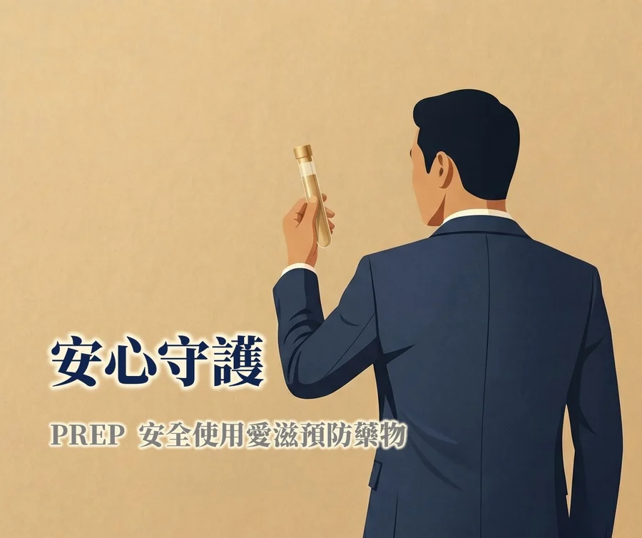 插畫:一名西裝男子背對觀者,手裡舉起一支試管端詳,畫面左下寫著「安心守護:PrEP 安全使用愛滋預防藥物」。