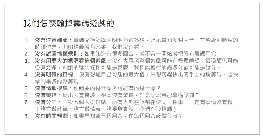 自製的檢討投影片,標題是「我們怎麼輸掉籌碼遊戲的」,底下條列八項:沒有注意細節、沒有試圖搞懂規則、沒有用更大的視野看這個遊戲、沒有明確的目標、沒有情報搜集、沒有策略、沒有分工、沒有時間規劃。