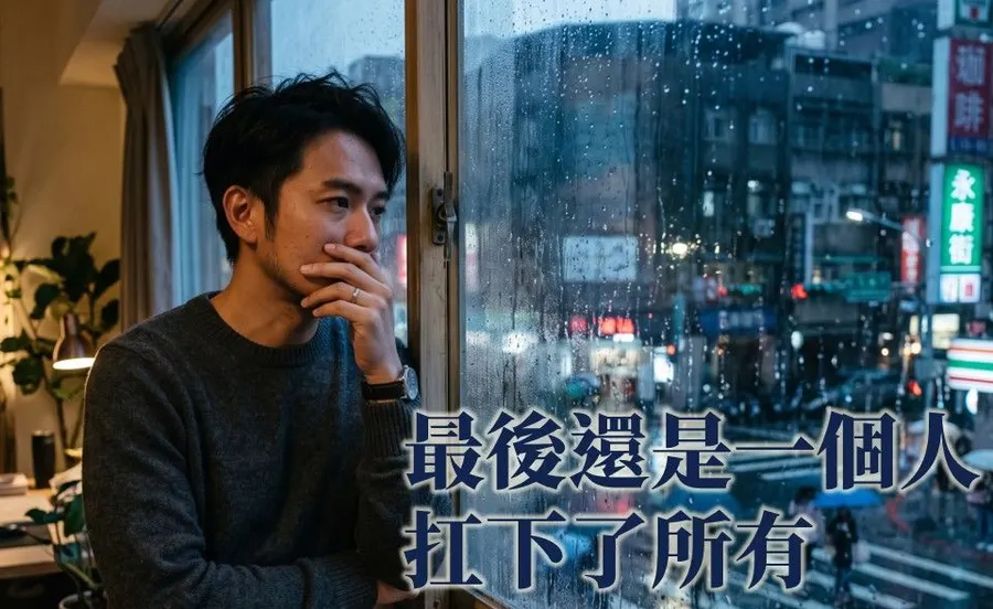 文章主視覺。窗邊的年輕男子手撐著下巴望著雨中的城市街景，配上文字「最後還是一個人扛下了所有」。
