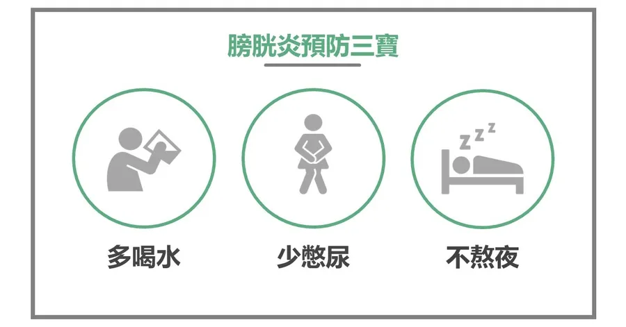 文章主視覺。白底資訊圖「膀胱炎預防三寶」，三個綠色圓圈分別畫著喝水、憋尿、睡覺的圖示，下方標示多喝水、少憋尿、不熬夜。