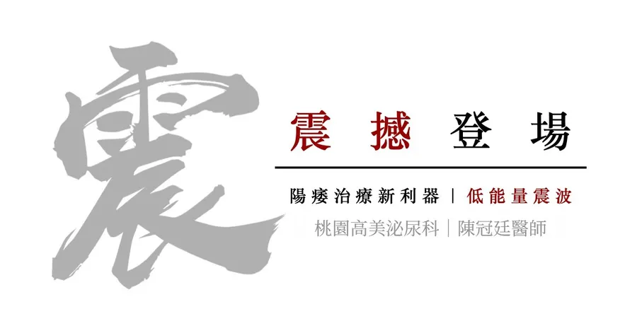 文章主視覺。左側是一個大大的毛筆書法「震」字，右側標題為「震撼登場 —— 陽痿治療新利器｜低能量震波」，下方署名「桃園高美泌尿科｜陳冠廷醫師」。