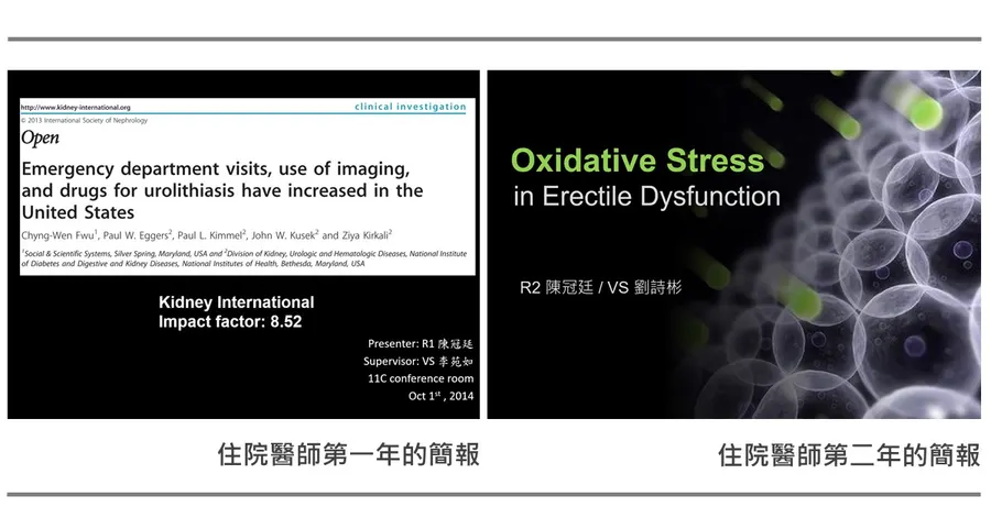左邊是住院醫師第一年的簡報投影片,樸素的期刊截圖加文字說明;右邊是住院醫師第二年的簡報投影片,改用大字標題與簡潔配色