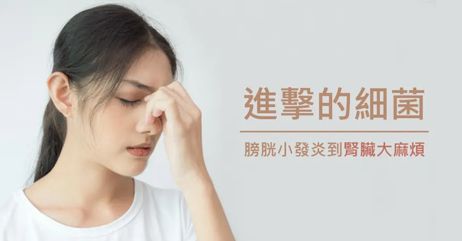 文章主視覺。一名女子閉眼皺眉、以手指按著鼻梁，標題為「進擊的細菌」，副標為「膀胱小發炎到腎臟大麻煩」。
