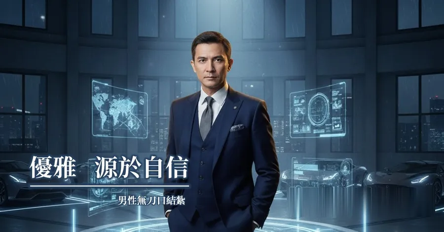 文章主視覺。一名穿三件式深藍西裝的男子站在藍色調的科技感空間中，左下方標題為「優雅，源於自信」，副標為「男性無刀口結紮」。