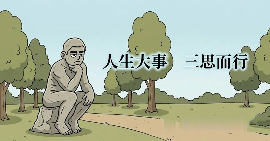 卡通風格插圖:沉思者雕像坐在公園裡,旁邊寫著「人生大事,三思而行」